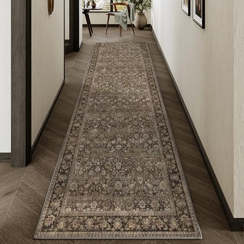 HUGEAR 2'6''x8' Brown Vintage Floral Washable Runner Rug for Hallway by HUGEAR