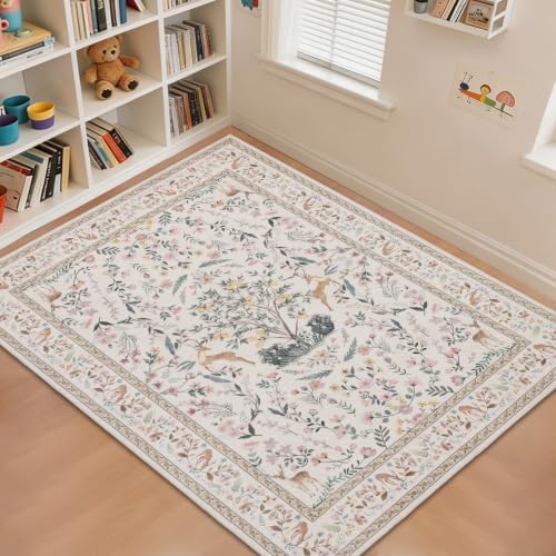 RCTJHOME 5x7 Beige Floral Nursery Kids Washable Area Rug Non-Slip Carpet - Image 2