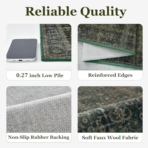 Dark Green 8x10 Rugs for Living Room, Vintage Distressed Large Rug for Bedroom Under Bed, Washable Non Slip Low Pile Moody Earth Tone Carpet Rugs for Dining Room Home Office - Image 5