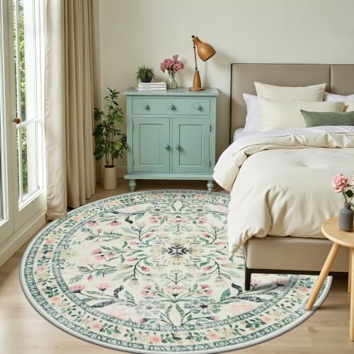 PLHXFR Round Area Rug Living Room: 8 ft Floral Washable Carpet Green Beige - Image 2