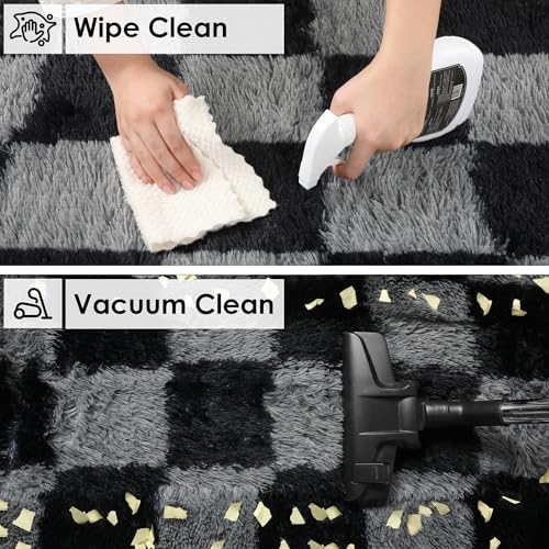 KICMOR Rugs for Living Room 5x7 Black and Grey, Soft Fluffy Checkered Shag Area Rug Furry Shaggy Floor Carpets for Bedroom, Indoor Fuzzy Plush Rug for Teen Kids Boys Girls Room Nursery Home Decor - Image 4