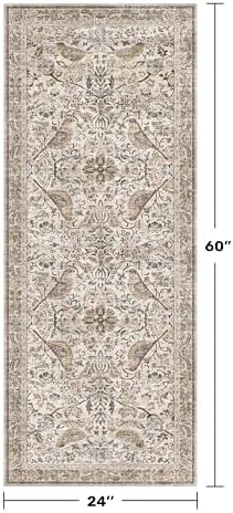 Hazo Haus Boho Moss 2x5 Laundry Room Rug - Floral & Bird Runner Rug for Kitchen Floor, Hallway, Bedroom, Entrance, Taupe Green Neutral Vintage Decor, Washable Non Slip Low Pile - Image 2