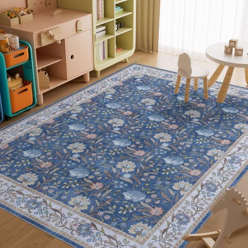DUKINO 8x10 Area Rug Vintage Floral Washable Rug for Living Room, Sky Blue - Image 5