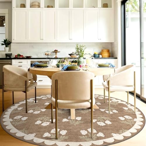 Tan Neutral Round Rug 5ft, Washable Floral Boho Scalloped Rug - Image 5
