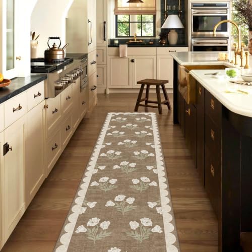 Non Slip Washable Hallway Runner Rug - 2x10 Long Tan Kitchen Runner Rug Soft Boho Runners for Hallways Cottage Floral Scalloped Area Rug for Bedroom Entryway Foyer Bathroom Double Vanity Decor - Image 7