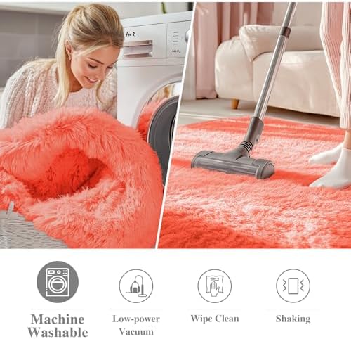 OLANLY Coral Red Round Rugs for Bedroom - Machine Washable, 6 ft Circle Area Rugs for Living Room, Soft and Fluffy Shaggy Carpet for Teen Girl and Boys, Nursery Rooms, Dorms, Home Decor Aesthetic - Image 3