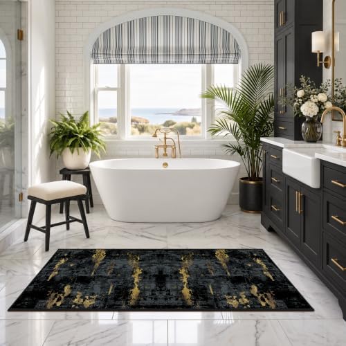 RELEANY Washable Runner 2'x6' Abstract Area Rug for Hallway Black Gold - Image 4