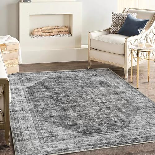 CHAMPLANT Washable Area Rug 3'x5' Vintage Traditional Floor Cover Foldable Thin Rugs Retro Kitchen Indoor Distressed Non Slip Carpet Floral Print Mat Bedroom Living Room - Image 2