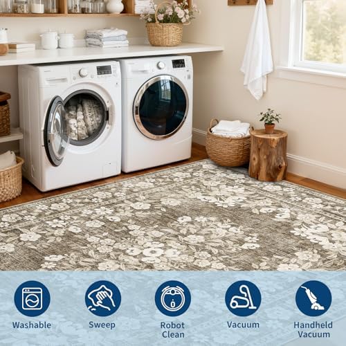 GarveeHome 6ft Floral Round Rug for Bedroom Leaf Flower Brown Botanical - Image 3