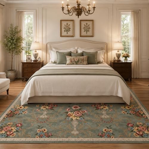 Helthep 5 * 7ft Vintage Green Floral Washable Area Rug for Living Room - Image 2