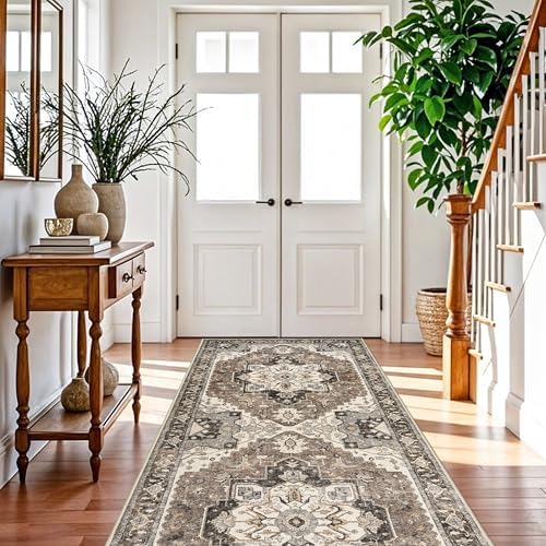 Washable Kitchen Runner Rug 4x12 - Low Pile Soft Rugs for Hallway Entryway Wide Vintage Stain Resistant Carpet with Non-Slip Rubber Backing Thin Indoor Floor Mat for Living Room Bedroom (Beige,4x12) - Image 2