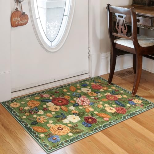 Washable 2x3 Small Area Rug, Green Boho Floral Non-Slip Entryway Door Mat by GERUIMO