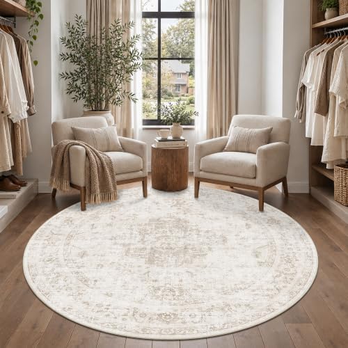 Washable 6ft Round Dorm Rug Soft Medallion Neutral Beige Throw Carpet - Image 4