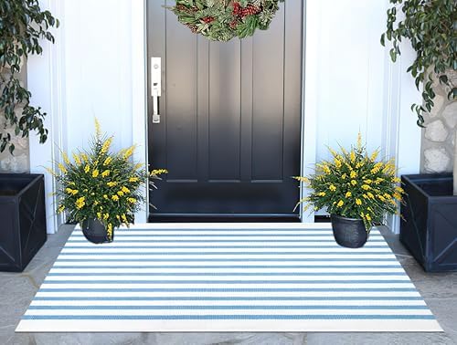 Light Blue White Outdoor Rug 2'x4.3',Striped Front Porch Rug Machine Washable Front Door Mat Entryway Throw Rug for Front Porch Indoor Outdoor Doormat - Image 6