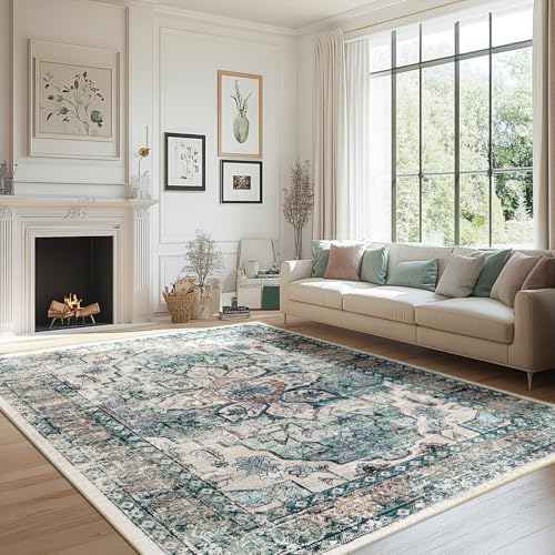 BESTSWEETIE Washable Boho 9x12 Area Rug, No Pile for Living Room, Green by BESTSWEETIE