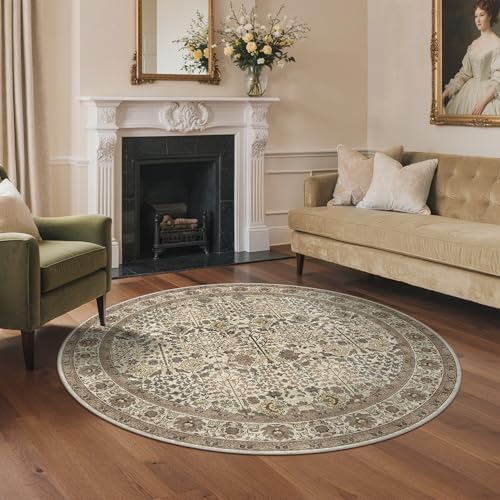 Bavni 5ft Round Area Rug 5x5, Washable Non Slip, Cream Brown - Image 2