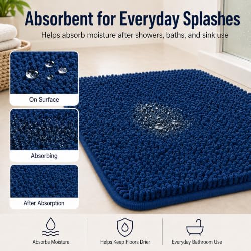Non Slip Washable 2 Piece Extra Absorbent Shaggy Chenille Bathroom Rugs and Mats Sets, Soft & Dry Bath Rug/Mat Sets for Bathroom Washable Carpets Set Navy Blue Blue - Image 6