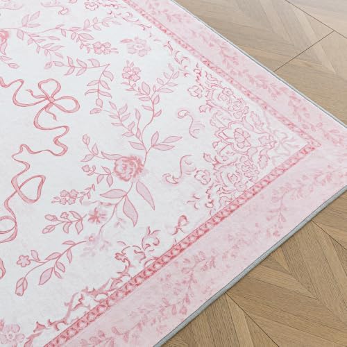 5x8 Pink Rug for Bedroom Girls Room, White and Light Pink Nursery Rug, Washable Bow Decor Flower Botancial Scalloped Cute Carpet for Kids Room - Image 6