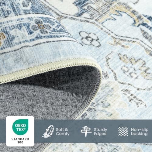 5x7 Light Blue Area Rugs for Living Room, Vintage Washable Rug - Image 6