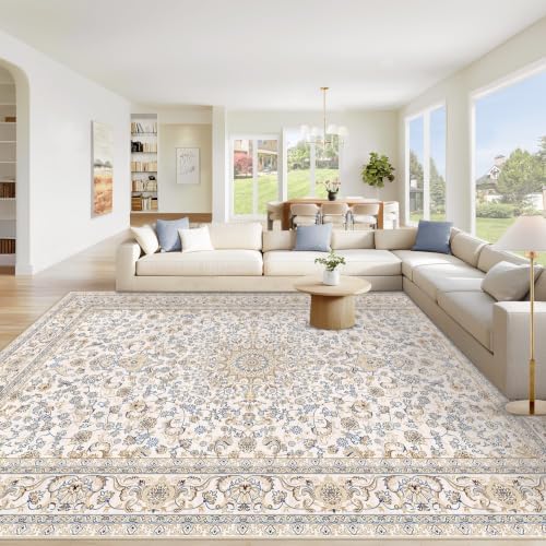 Area Rug 9x12 Washable Rug, Vintage Boho Medallion Rugs Non-Slip Soft Low Pile Large Distressed Rug Indoor Retro Carpet for Living Room Bedroom Dining Room Home Office (BeigeBlue, 9'x12') by VECARF