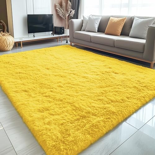 OLANLY 5x7 Machine Washable Large Area Rugs for Living Room, Bedroom, Soft Fluffy Shaggy Bedside Rug, Indoor Floor Carpet for Kids Girls and Boys, Dorms, Nursery, Home Decor Aesthetic, Yellow - Image 3