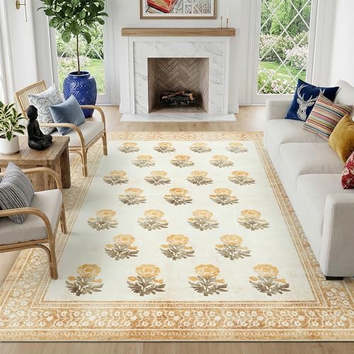 Beige Brown Floral Living Room Rug 5x7 Area Rug - Vintage Washable Rug for Dining Room, Bedroom, Ultra Soft Low Pile Non Slip Stain Resistance Distressed Boho Farmhouse Flower Carpet - Image 6