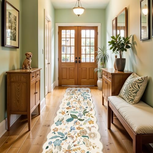 Washable 2x10 Runner Rug for Hallway: Floral Scalloped Kitchen Rugs Cream - Image 7