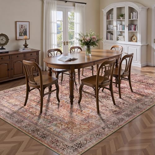 5x7 Area Rugs - Washable Vintage Retro Living Room Rug, Soft Ultra Thin Non Slip Low Pile Traditional Distressed Boho Carpet for Bedroom Dining Room Nursery Home Office, Vintage Iron Red - Image 4