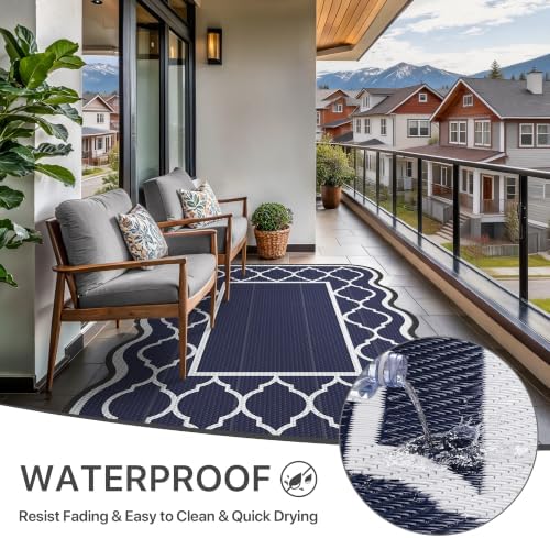 GENIMO Outdoor Rug, Waterproof Plastic Rugs for Patio, 6'x9' Blue Lvory - Image 6