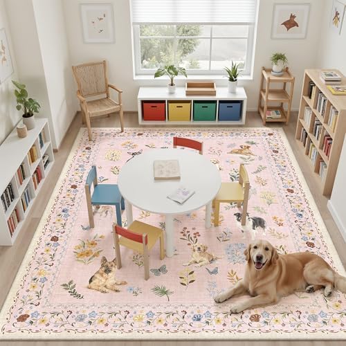 Soalmost Dog 8x10 Pink Area Rugs for Baby Girl Nursery, Washable Soft Rug - Image 2