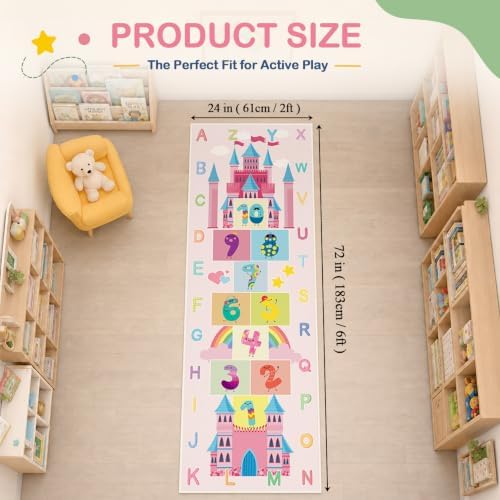 Hopscotch Kids Rug for Playroom, Colorful Educational Classroom Rugs with ABC Number, Non Slip Kids Play Mat Rug Game Carpet for Bedroom Boy Girl - Pink, 24''x72'' - Image 3