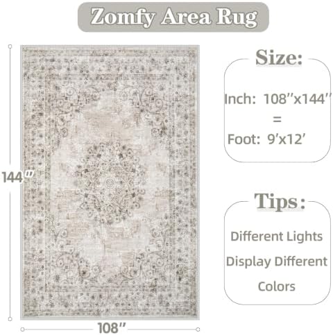 Area Rug 9x12 Vintage Rug: Large Washable Indoor Medallion Rugs Low Pile Distressed Floor Carpet Retro Accent Rug for Living Room Bedroom Kitchen Dining Table Home Office(Distressed Taupe, 9'x12') - Image 2