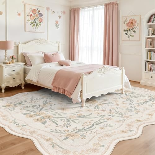 Scalloped Floral Rug 8x10, Neutral Beige Washable Non Slip Large Area Rug for Living Room, Soft Low Pile Cream Cottagecore Rug for Bedroom, Dining Room,Nursery, Farmhouse Home Office - Image 2