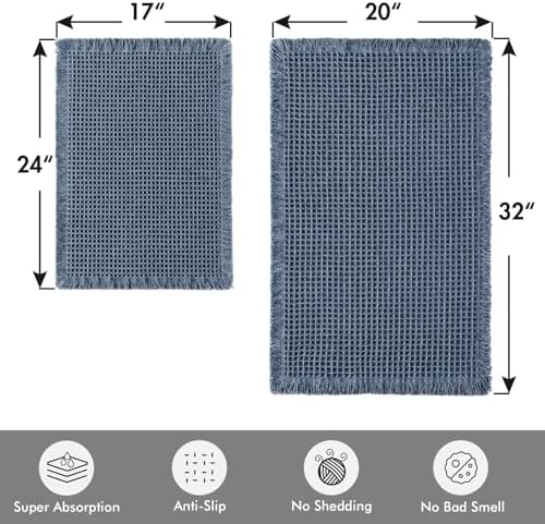 MIULEE Set of 2 Waffle Bathroom Rugs Boho Bath Mat Blue 17"x24"+20"x32" - Image 2