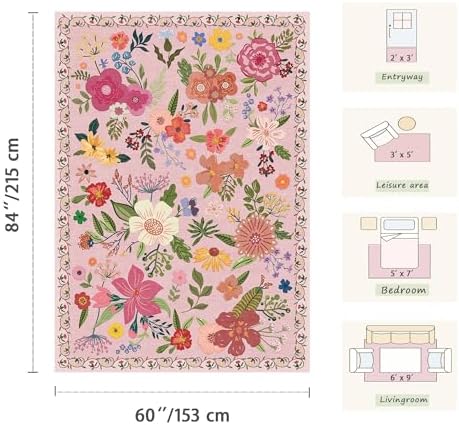 3x5 Entryway Area Rugs, Washable Floral Pink Rugs for Living Room - Image 2
