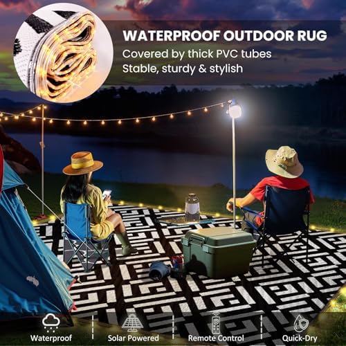 Outdoor Rug 6x9Ft, Solar Powered Outdoor Camping Rug with 94LEDs Strip Lights, Waterproof Plastic Reversible Outdoor Straw Rug, Rug Mat for RV Camping Patio Beach Balcony House Deck Picnic - Image 4