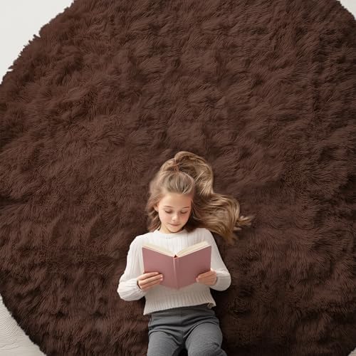OLANLY Coffee Round Rugs for Bedroom - Machine Washable, 8 ft Circle Area Rugs for Living Room, Soft and Fluffy Shaggy Carpet for Teen Girls and Boys, Nursery Rooms, Dorms, Home Decor Aesthetic by OLANLY