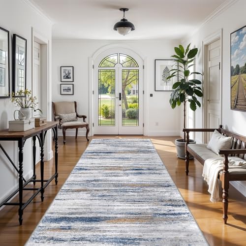 6x12 Runner Rug for Wide Hallway: Long Washable Area Rugs for Living Room Dining Room Office - Stain and Water Resistant Runners with Non-Slip Backing - Soft Low-Pile Thin Carpet Navy Grey - Image 2