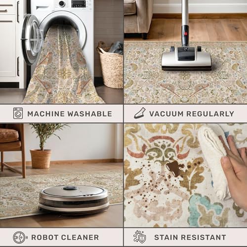 Washable Area Rug 4x6 for Living Room - Boho Western Nature Rugs for Bedroom, Kitchen, Office, Large Entryway, Rustic Botanical Decor, Non-Slip Low Pile Beige Ultra Soft Bird Carpet - Image 4