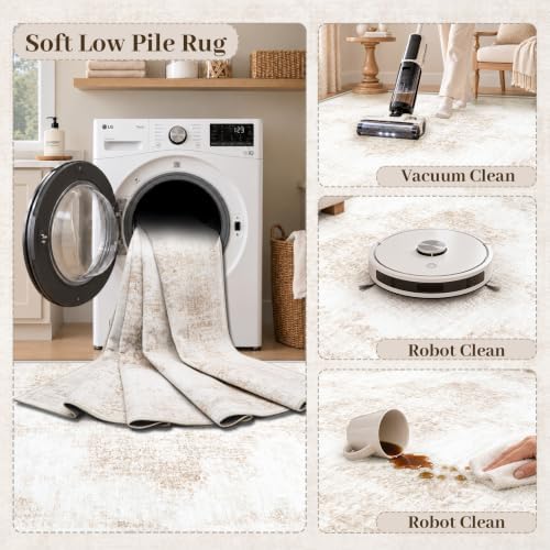 Area Rug 9x12 Vintage Rugs: Large Washable Living Room Rug Retro Medallion Distressed Soft Low Pile Non-Slip Rugs Indoor Floor Carpet for Bedroom Dining Table Office (Beige,9'x12') - Image 5