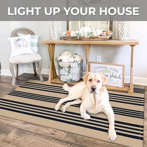 IOHOUZE 3x5 Striped Indoor Outdoor Rug, Washable Front Porch, Black Tan - Image 4