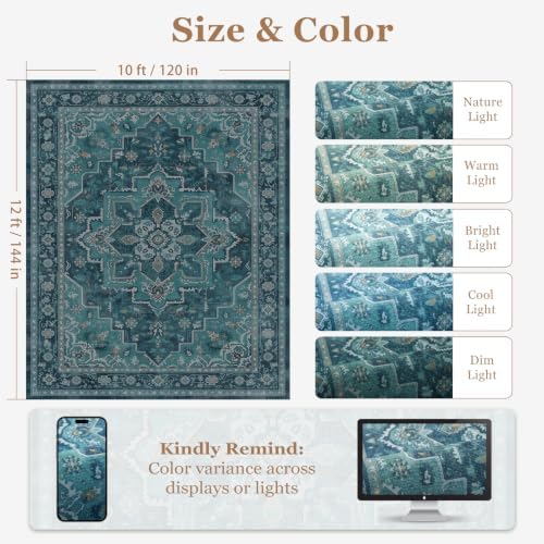 Washable Large Area Rug 10'x12' Living Room, Vintage Medallion, Teal - Image 2