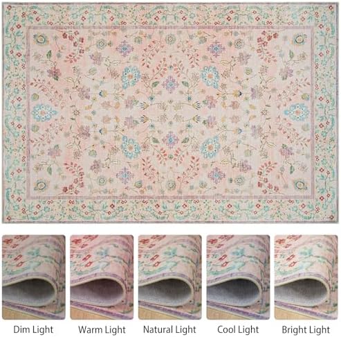 Goideal Pale Pink Rug for Girls Room, 5x7 Floral Washable Area Rug Non Slip, Boho Low Pile Carpet with Rubber Backing for Bedroom Living Room Bathroom Playroom Nursery Office - Image 6
