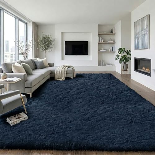 9x12 Ft Navy Blue Fluffy Area Rug for Living Room, Washable by OHWPEAT