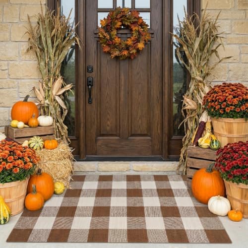MUBIN Fall Decor Cotton Buffalo Plaid Rug, 27.5x43 Coffee White Outdoor Rug Front Door Decorative Mat, Washable Doormat Foldable Area Rug Layered Door Mats Rug for Front Porch, Entryway, Patio - Image 3