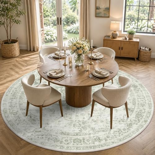 8ft Round Washable Living Room Rug Soft Medallion Green Throw Carpet by HOME