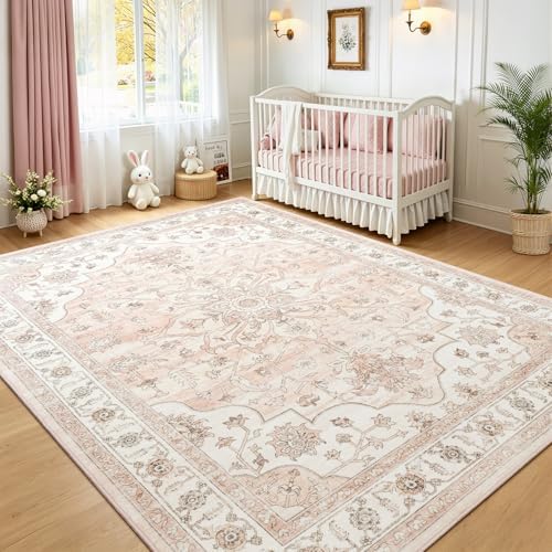 8x10 Washable Nursery Rug, Cute Pink Non-Slip Rugs for Bedroom Girls by Vibrug