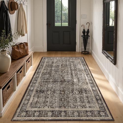 Washable Area Rug 4'x6' Living Room, Vintage MCM, Black/Brown/Beige - Image 5