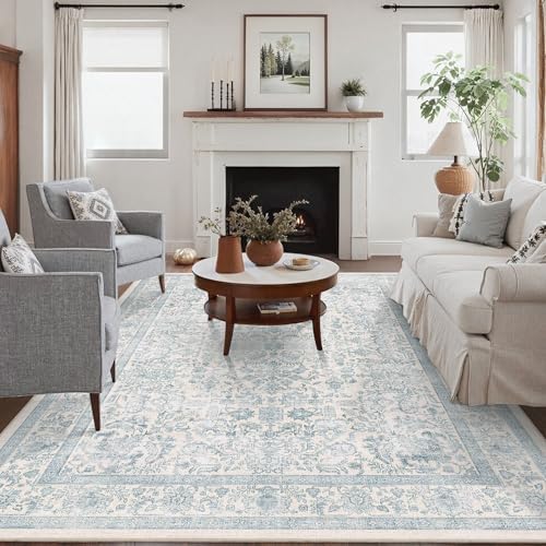 5x7 Washable Bedroom Area Rug Non-Slip Vintage Blue Throw Carpet by HOME