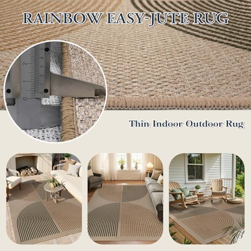 Lahome Modern Rainbow Easy Jute Rug, Washable 5x7 Area Rugs for Living Room Black Farmhouse Dining Room Rug, Contemporary Natural Throw Mat Non Slip Floor Carpet for Office RV Patio - Image 3